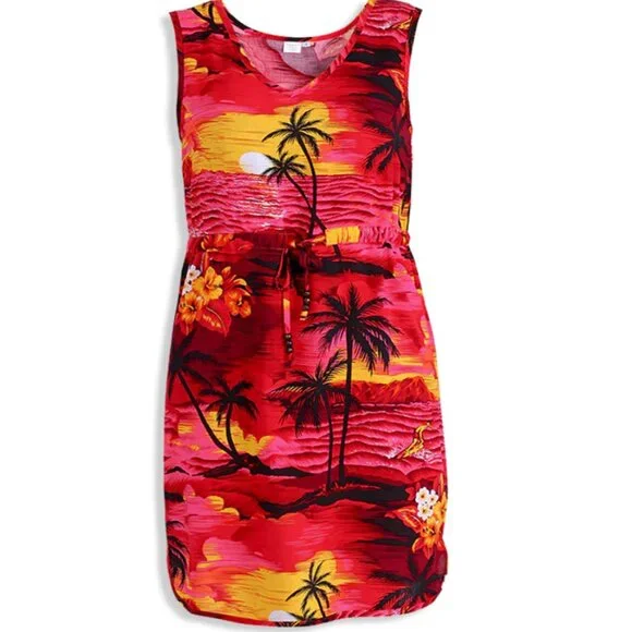 NEW Palmwave Hawaiian Tropical Sleeveless Dress Large Red Black Beach Vacation - Picture 1 of 7